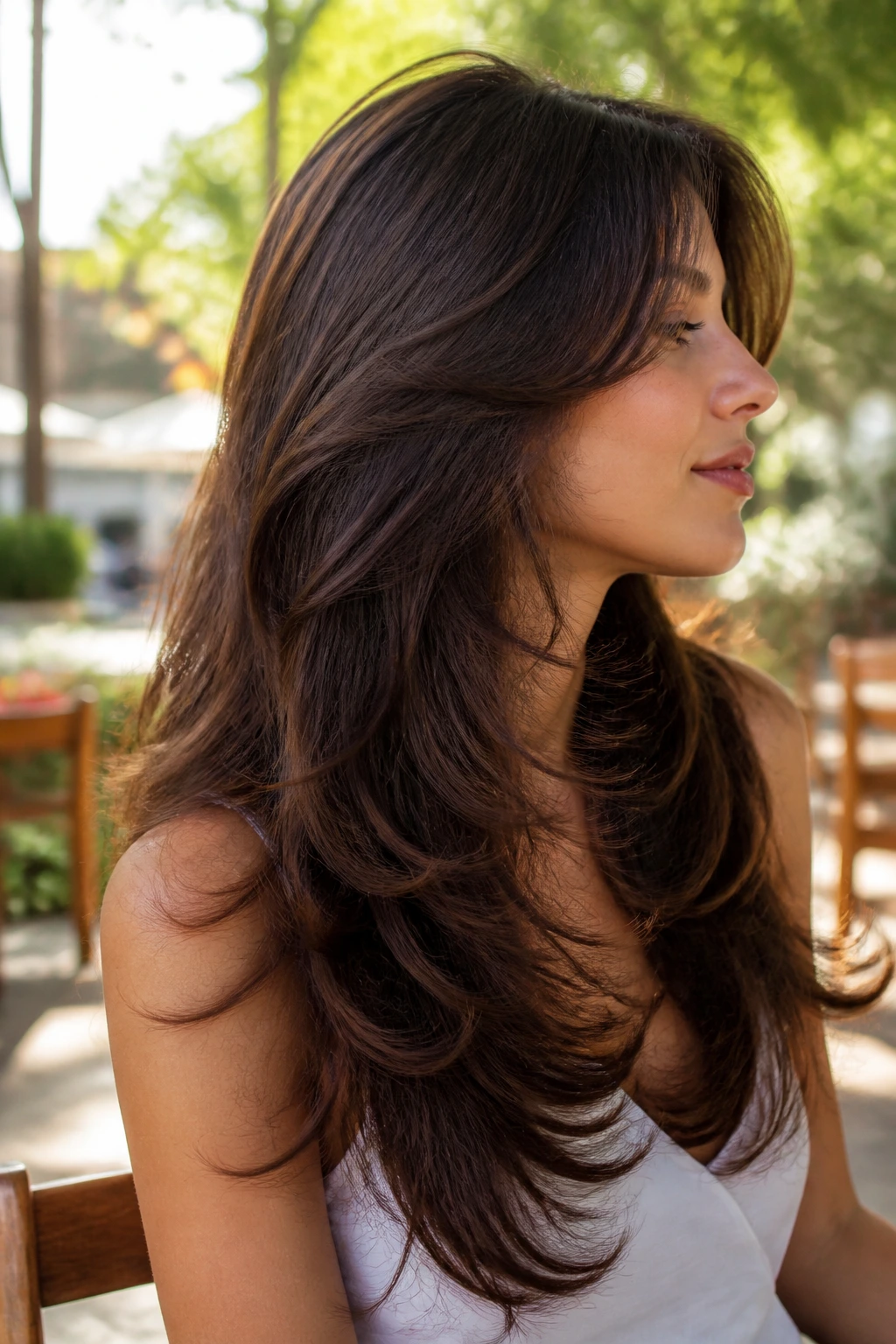 Side-profile real woman with waterfall layers cascading through mid-lengths.