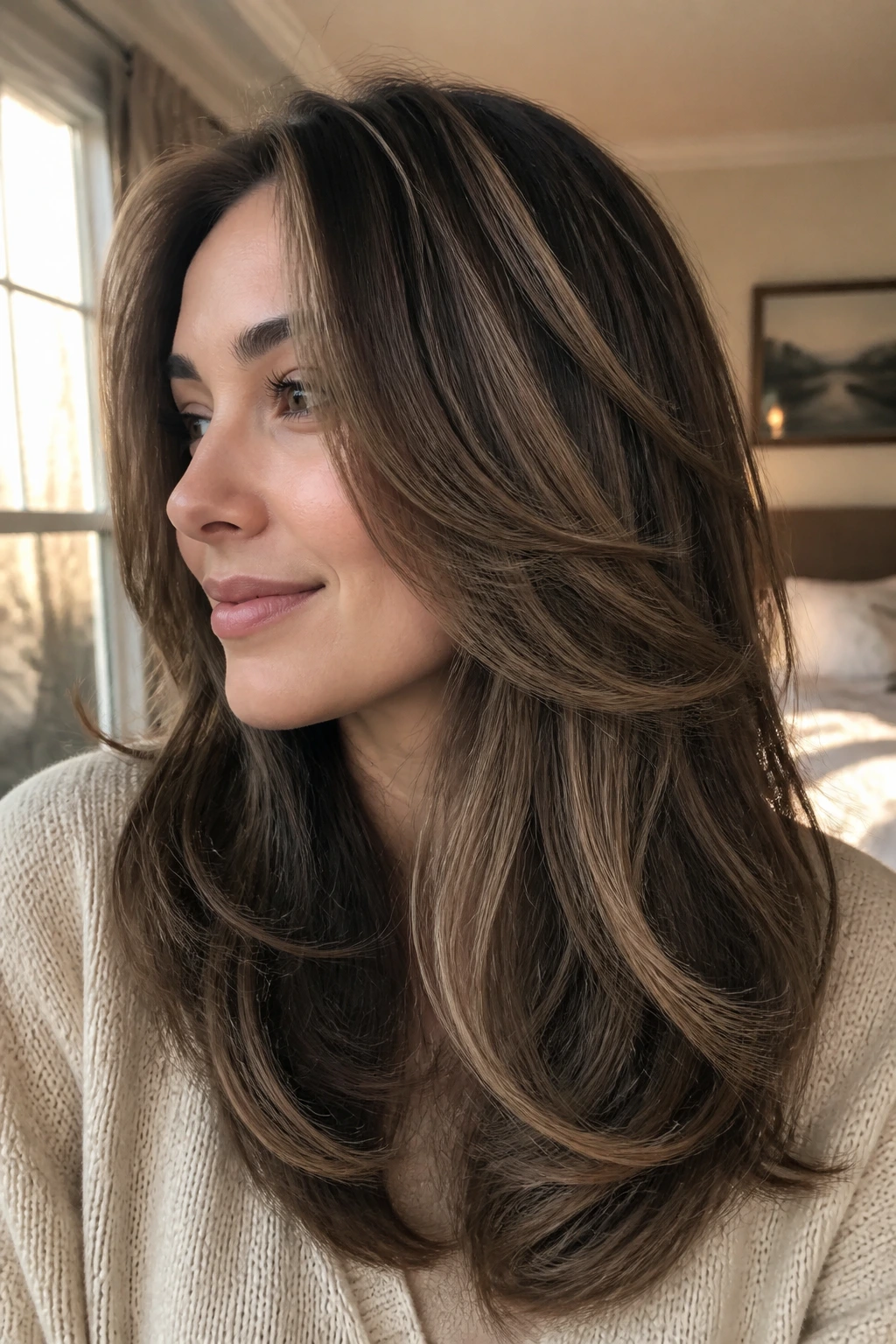 Close-up of real woman with waterfall layers and mocha lowlights by a sunlit window
