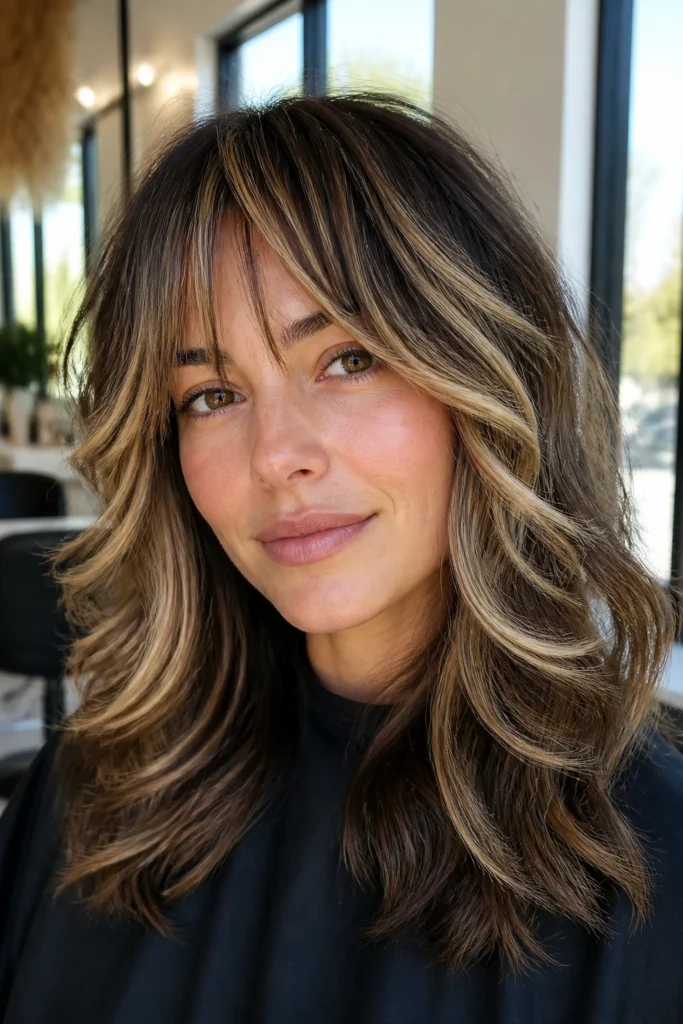 25 Curly Bangs for Round Faces with Money Piece Highlights