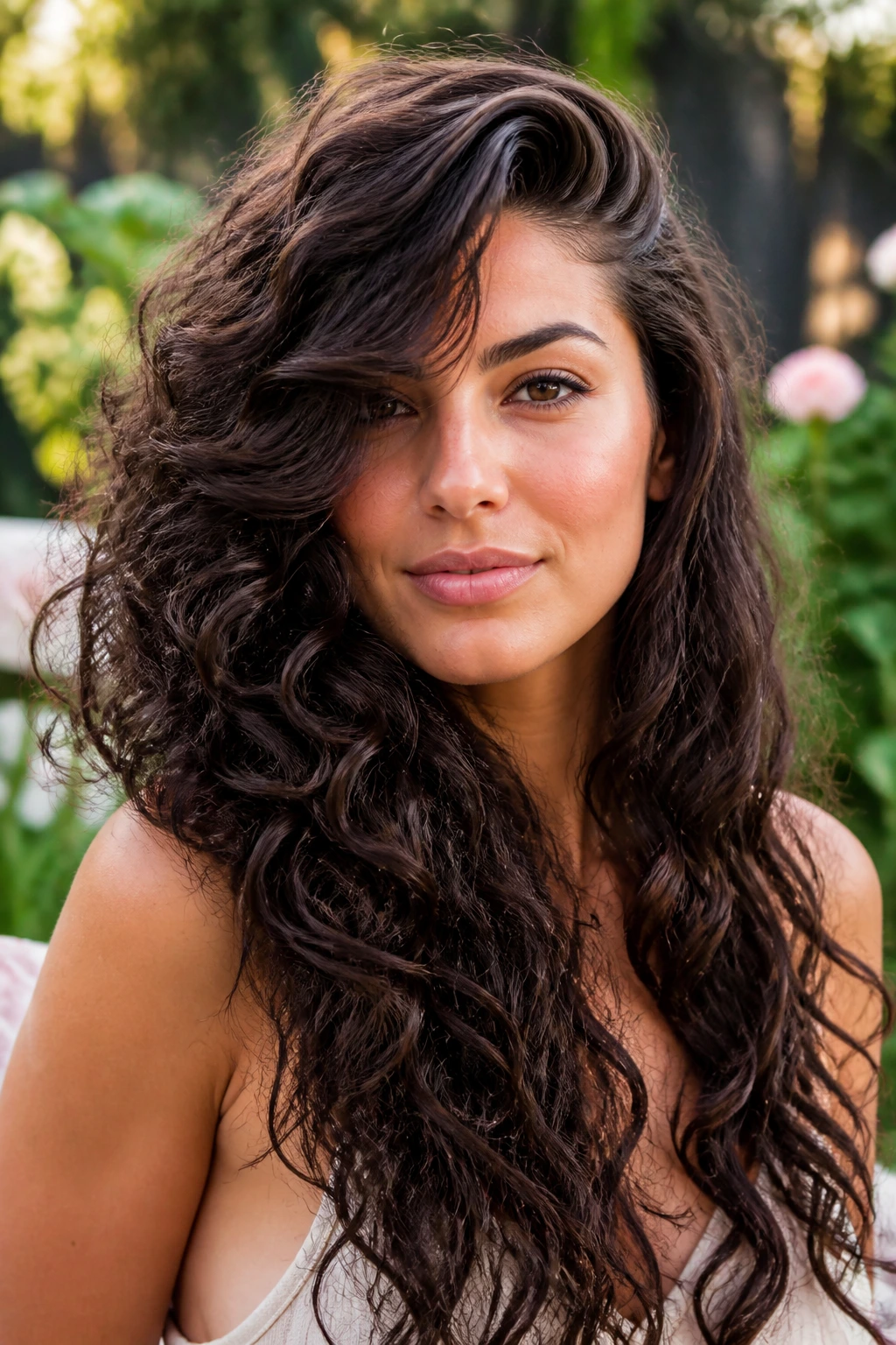 Woman with long waterfall layers and deep side part