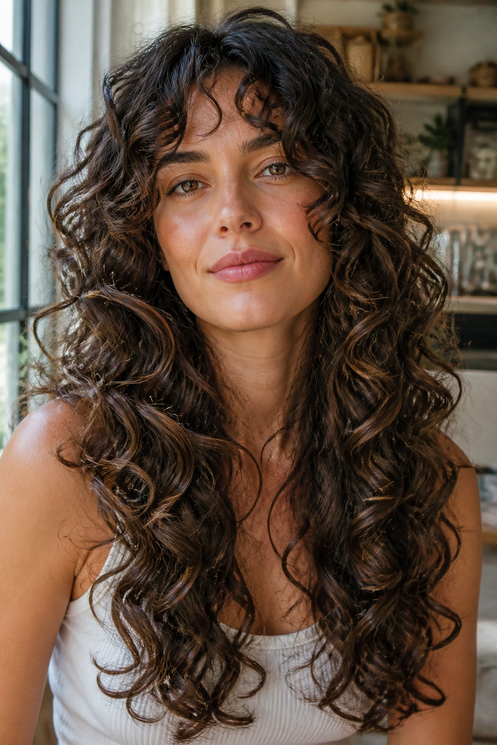 Close-up of long spiral curls with waterfall layered cut cascading down the face