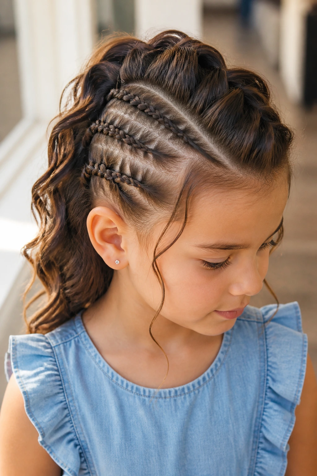 Child with waterfall accent mohawk.