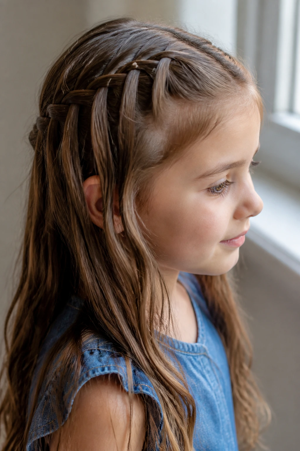 Close-up of a real child with a waterfall side braid and loose ends