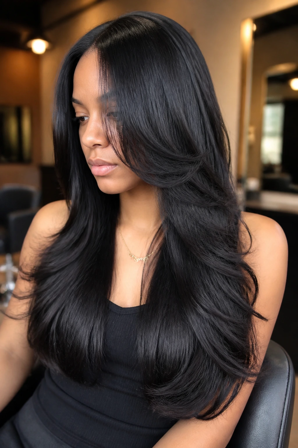 Portrait of a person with waterfall silk press layers showing cascading hair