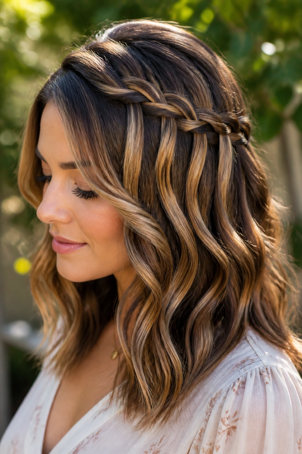 Close-up of a real woman with a waterfall braid and wavy hair