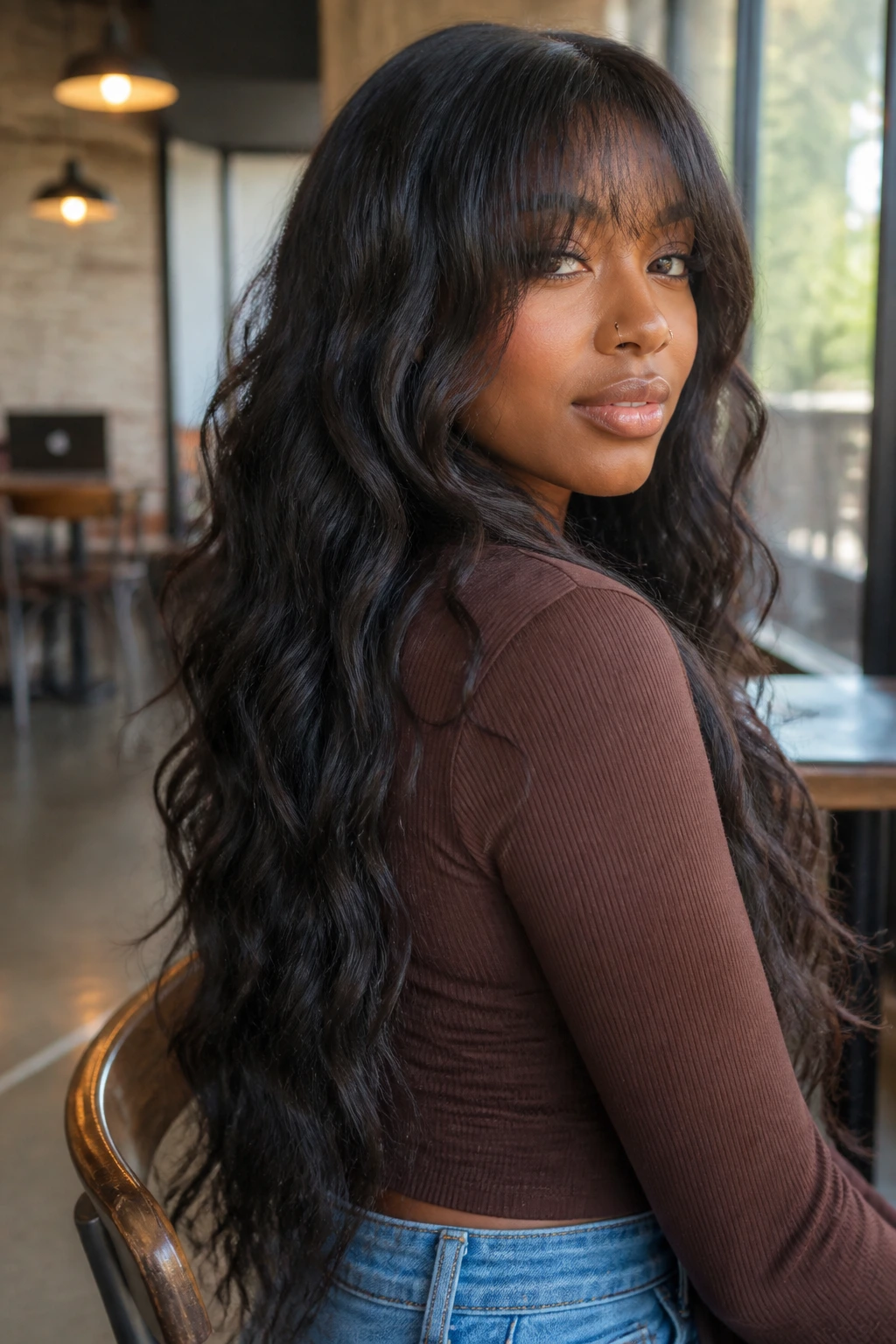 Real woman with long waterfall waves and wispy fringe.