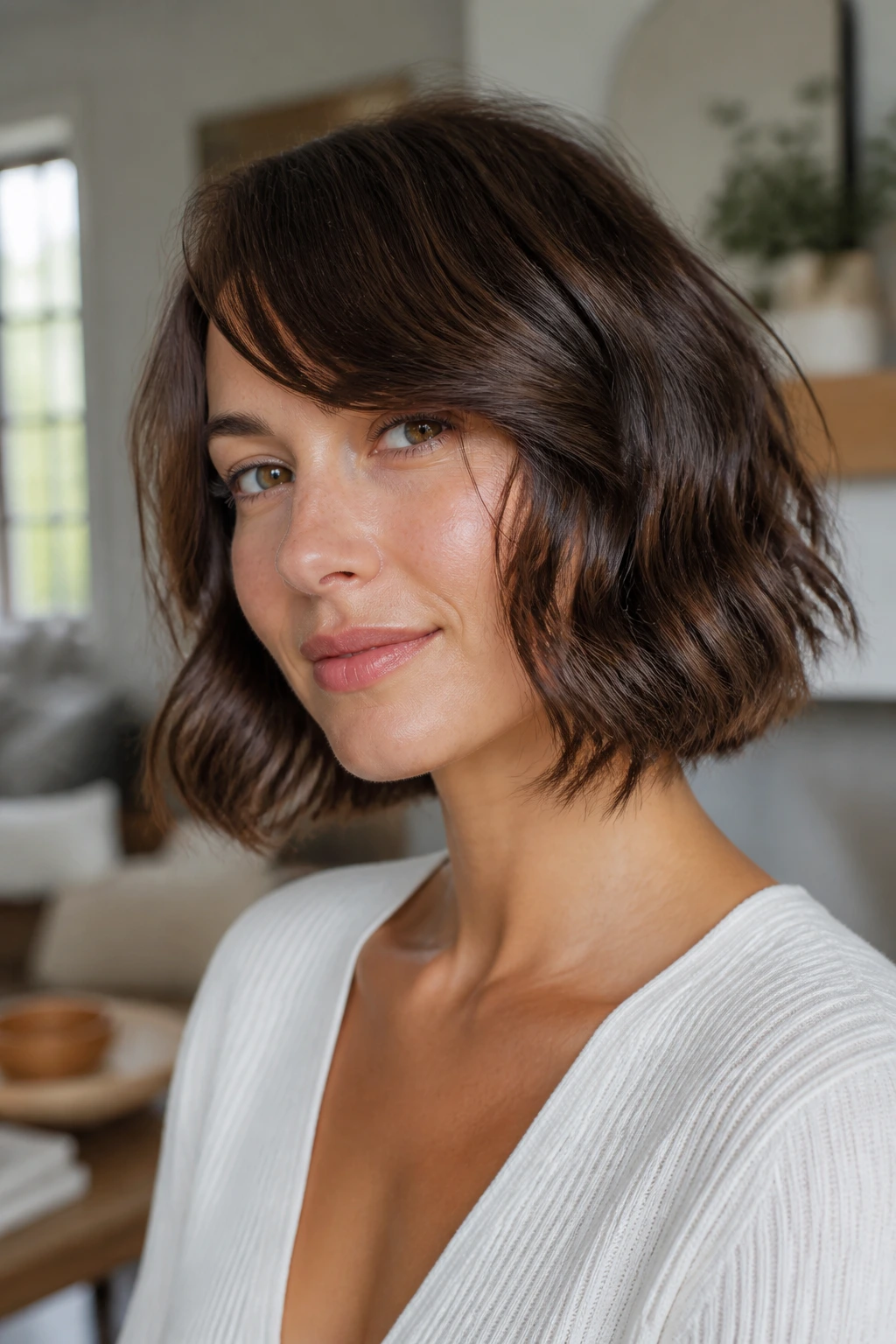Real person with air-dried wave bob and glossy serum ends