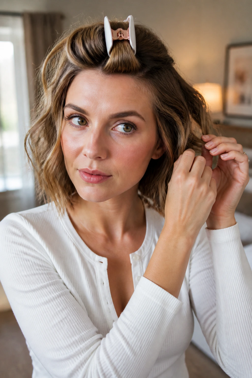 Close-up of a real woman with shoulder-length waves being pinned to cool