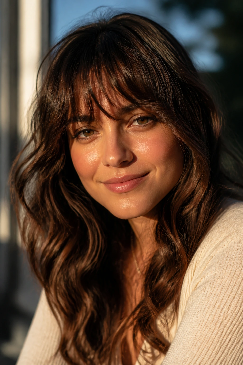 Brunette with wave-enhanced fringe in golden hour light