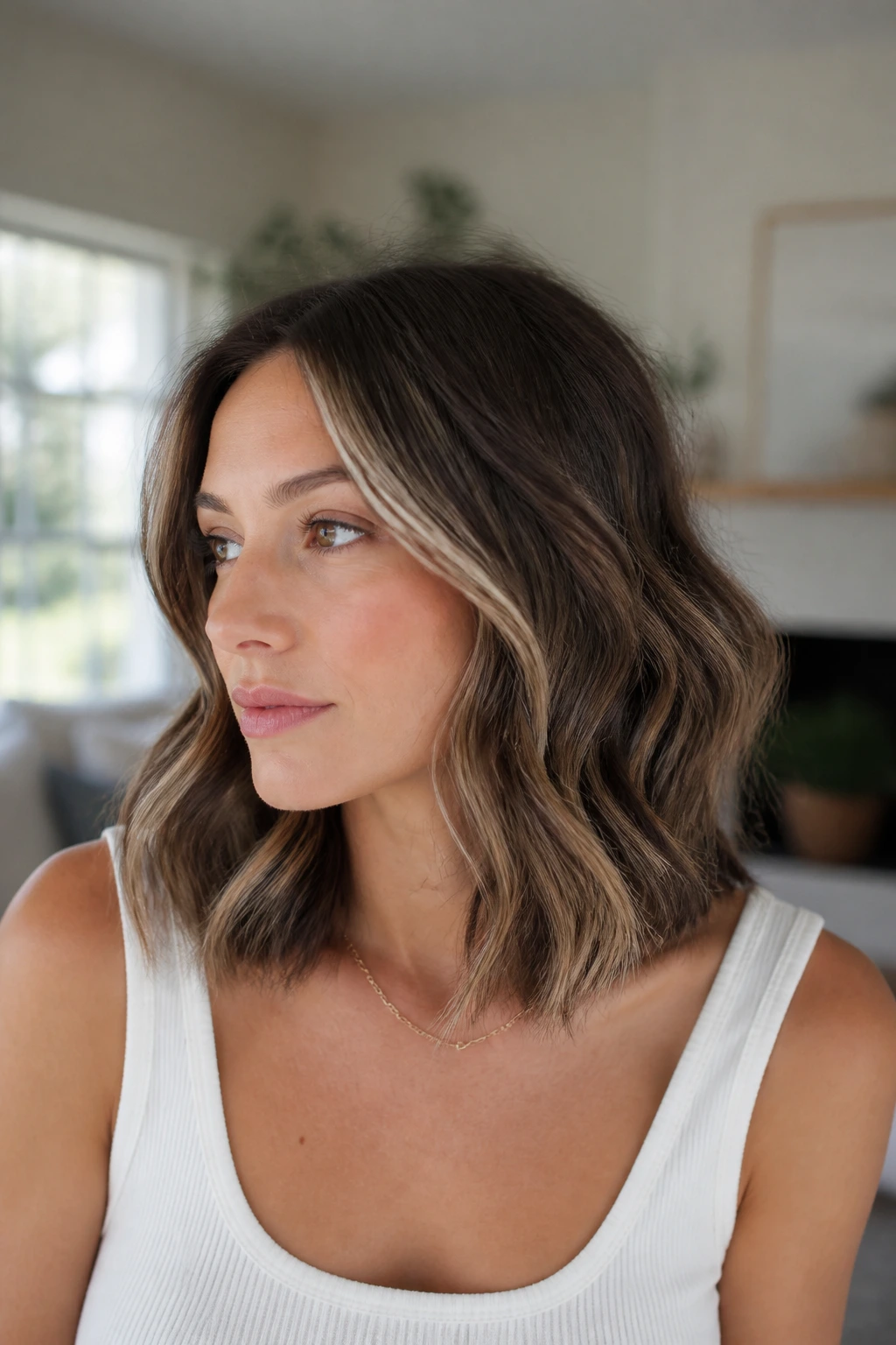 Portrait of a real woman with textured wave lob and dimensional lowlights