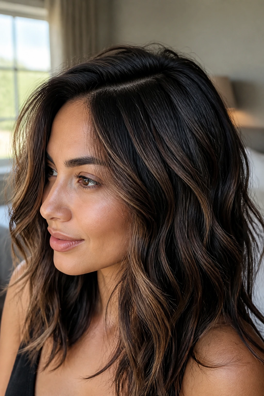 Close-up of hair with wave pattern and subtle lowlights in warm natural light
