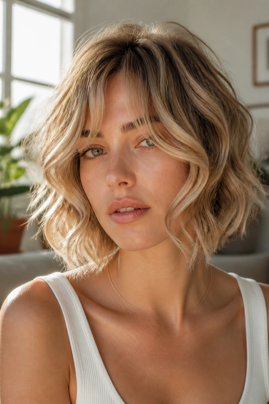 Real person with a bouncy wave shag and S-curve face frames