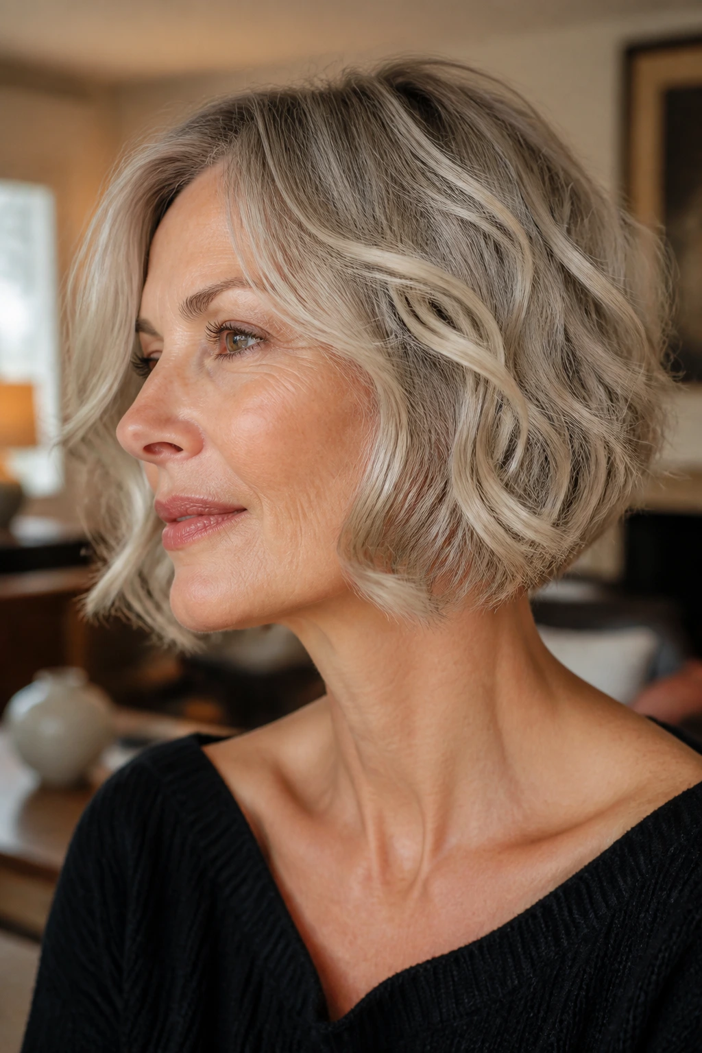 Portrait showing waves along the jaw to soften a square jawline