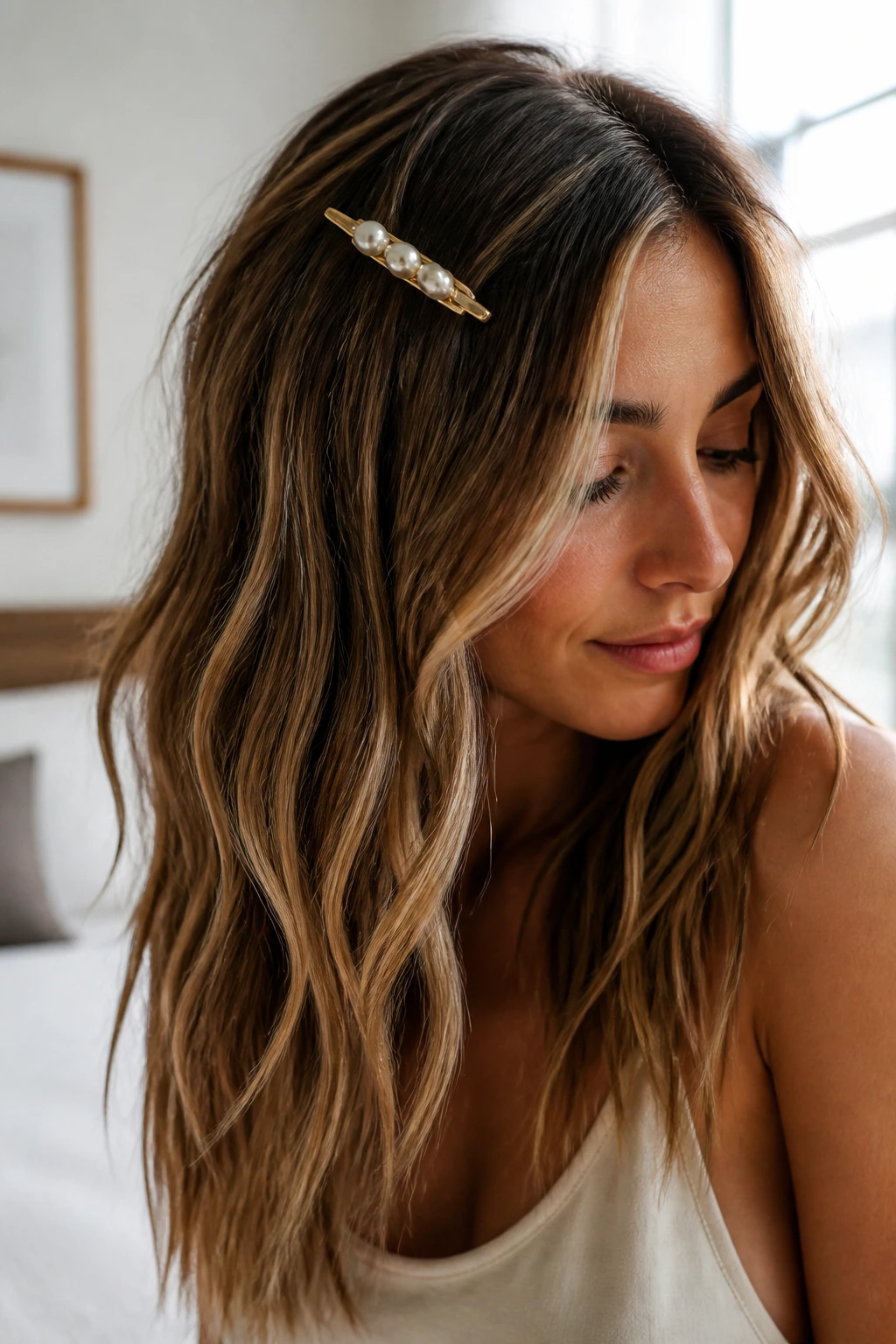 Close-up portrait of real person with waves and a single barrette at the part