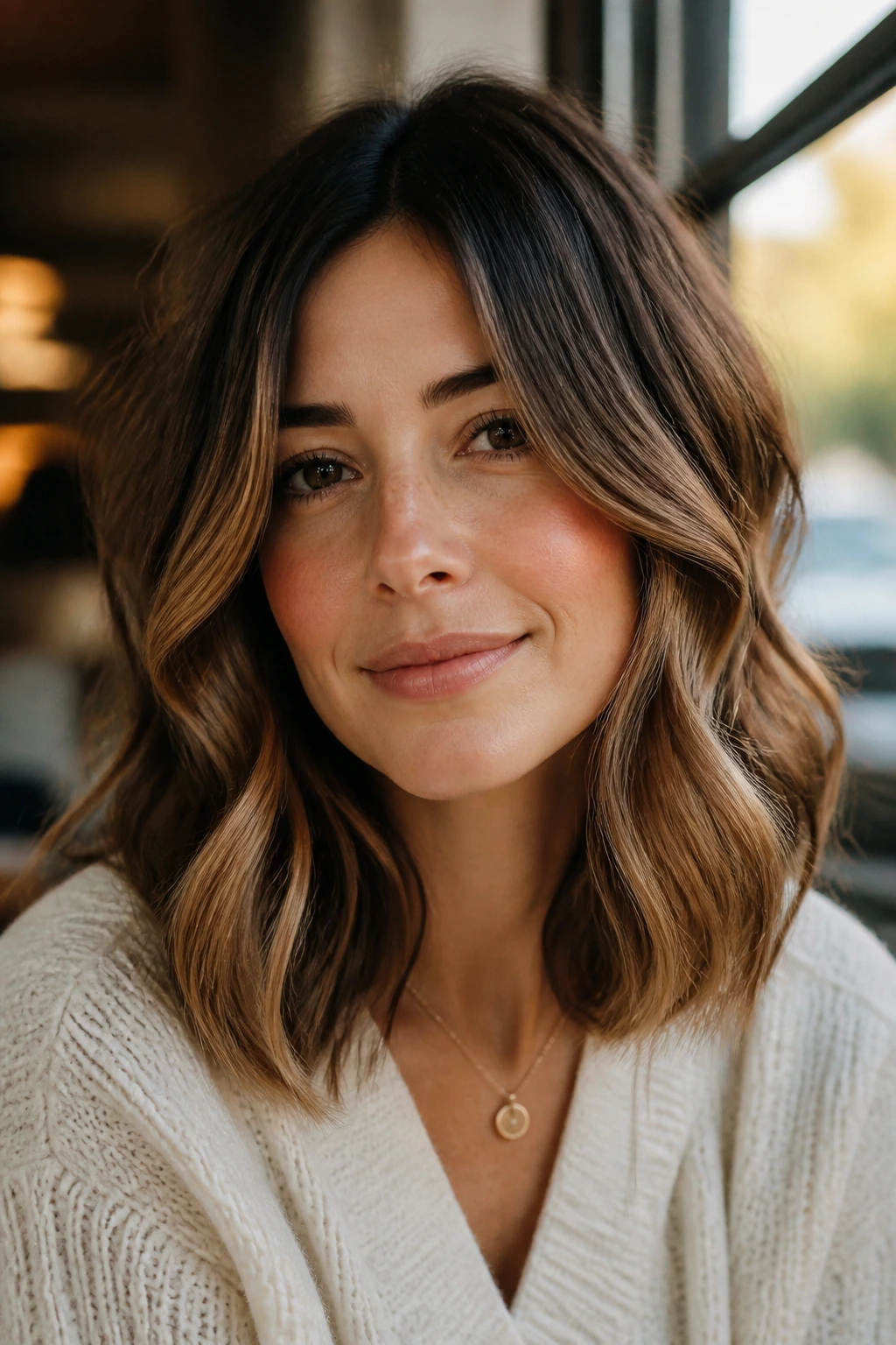 Portrait of a woman with face-framing waves starting below cheekbones in a cafe setting