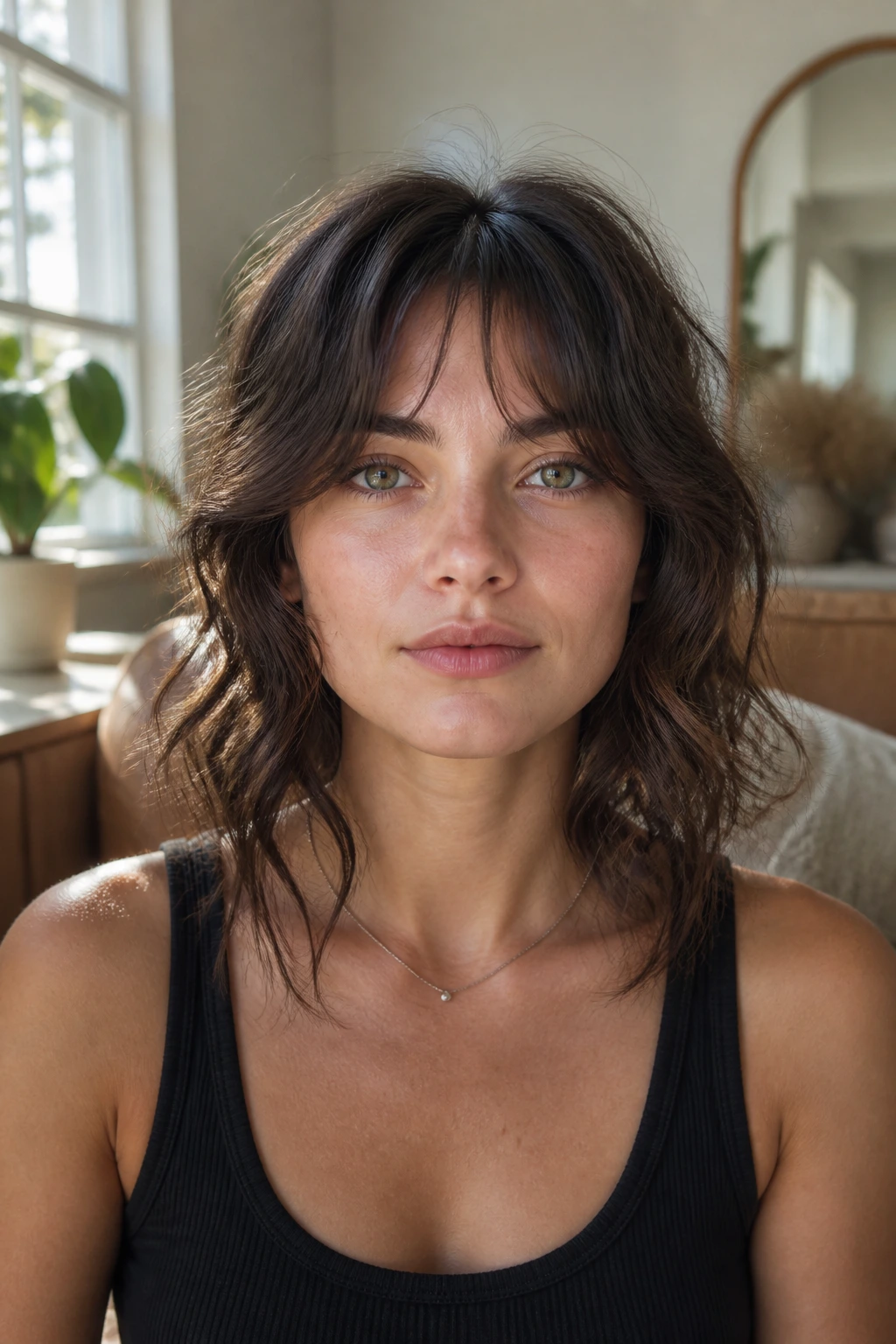 Portrait of a real person with wavy hair showing blunt and layered ends