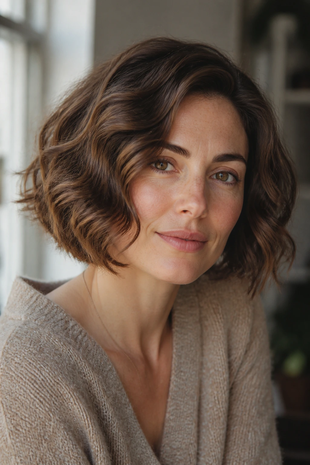 Close-up portrait of a woman with a thick wavy bob showing natural wave pattern