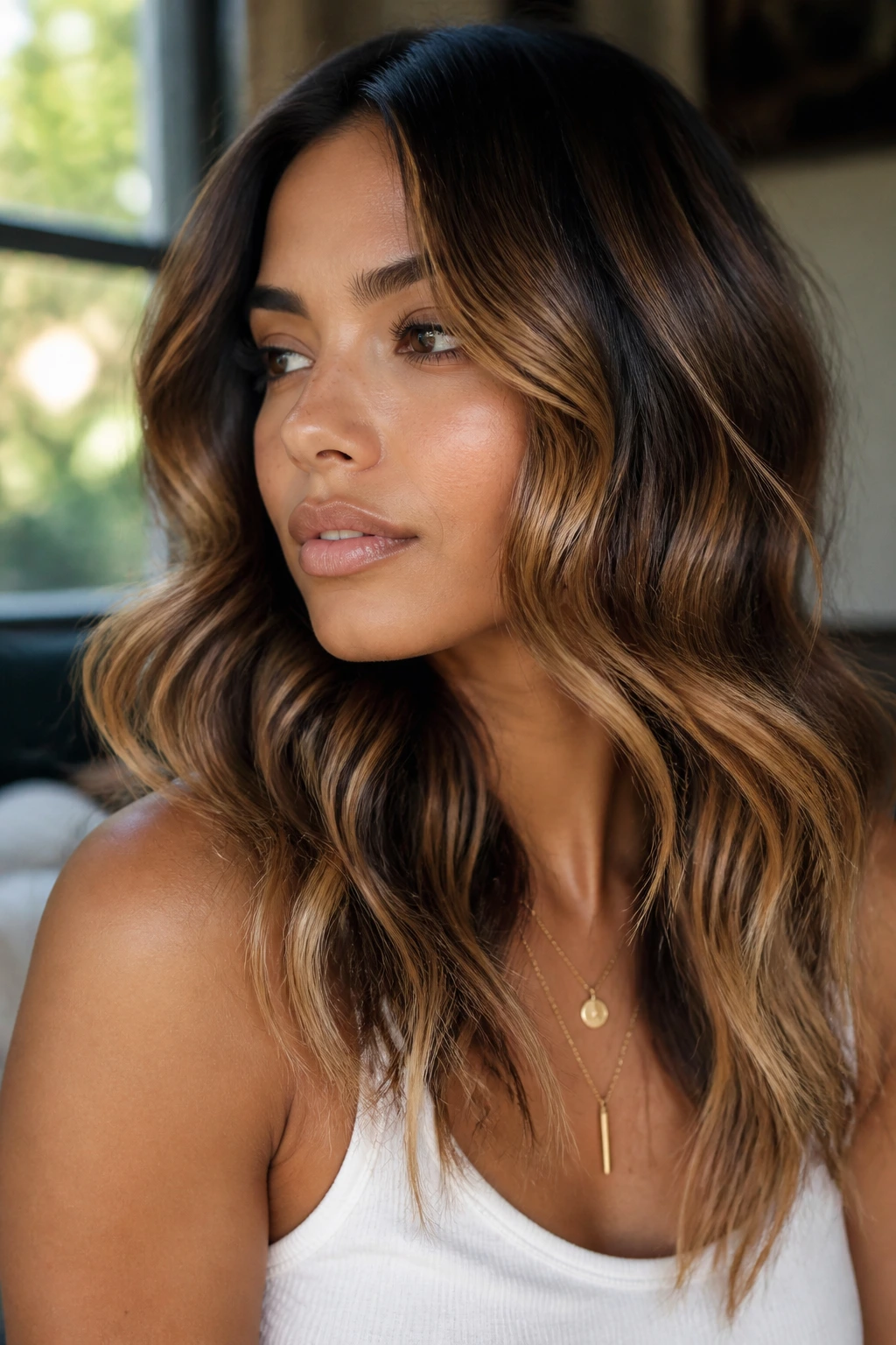 Close-up of a real person with beachy waves and caramel balayage around the face