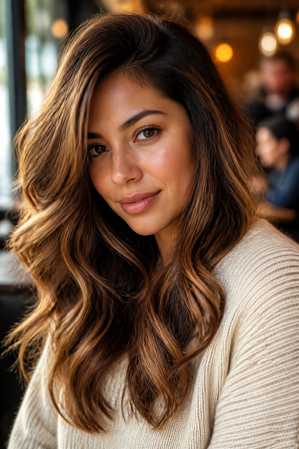Real woman with deep side-part waves in chestnut caramel blend under natural cafe lighting