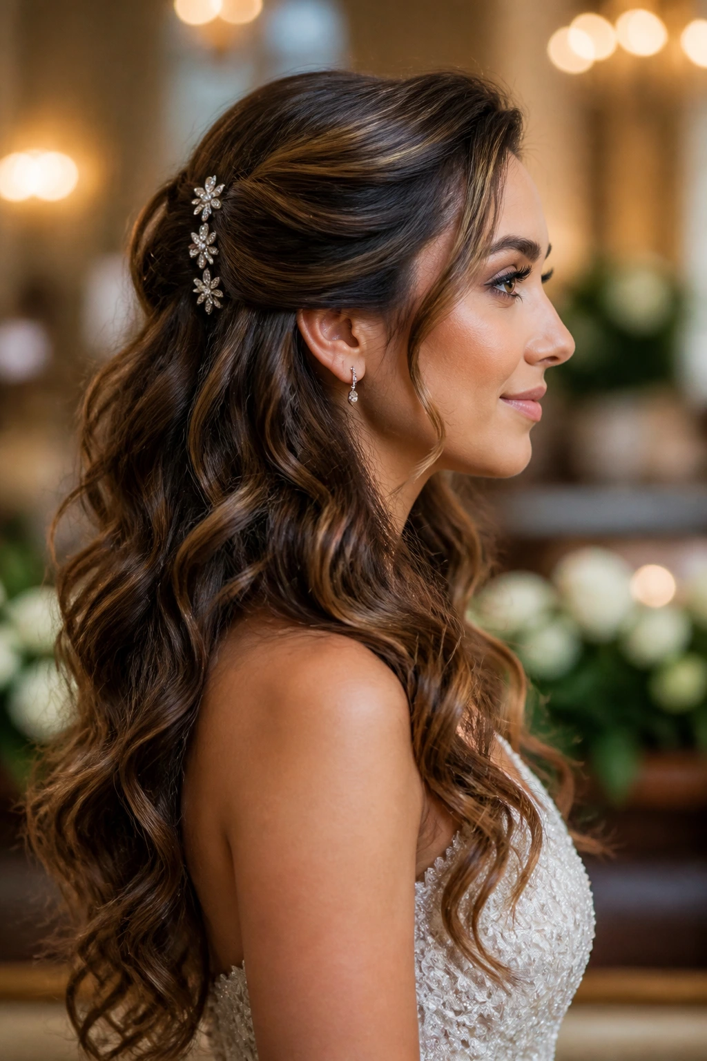 Side profile of a real bride with cascading waves and clipped-back sides