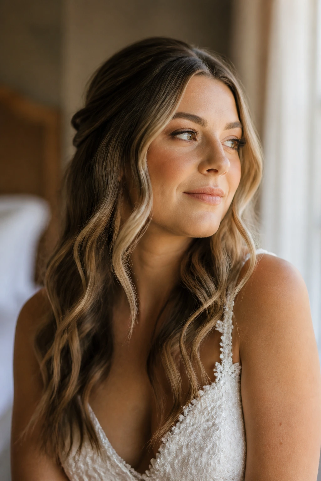 Close-up of real bride with natural brushed-out waves