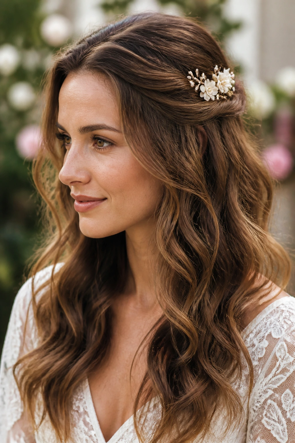 Close-up of a real woman with pinned-back waves and a floral comb.
