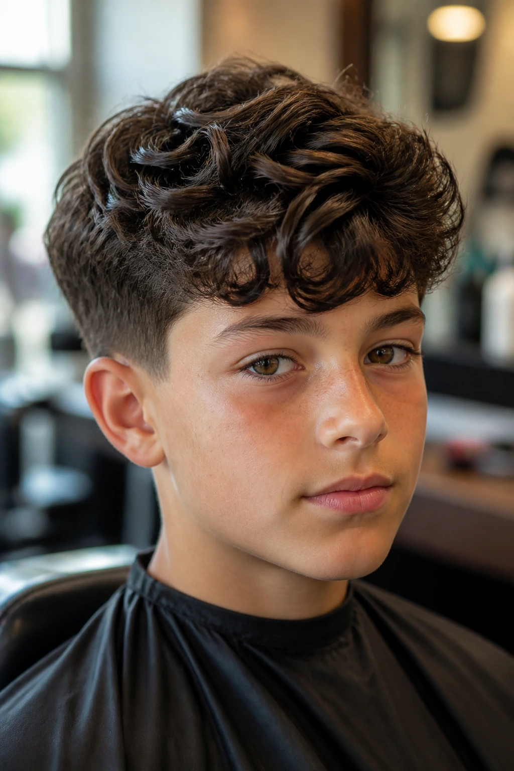 Boy with wavy hair in barber chair showing natural wave texture