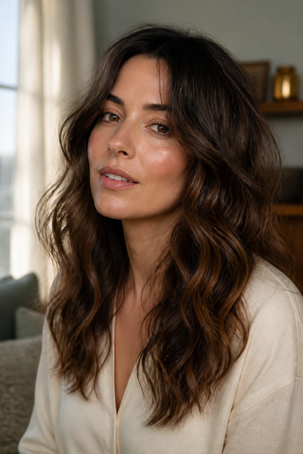 Portrait of woman with tousled waves showing how to wear and finish the look
