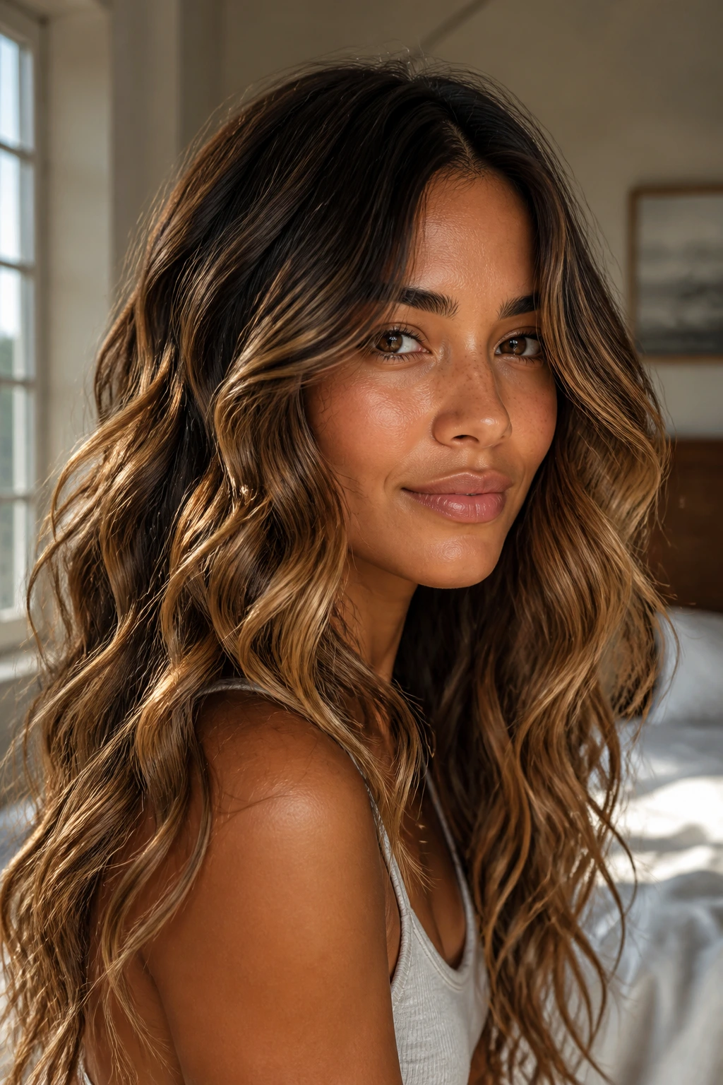 Woman with glossy highlights and beachy waves in sync