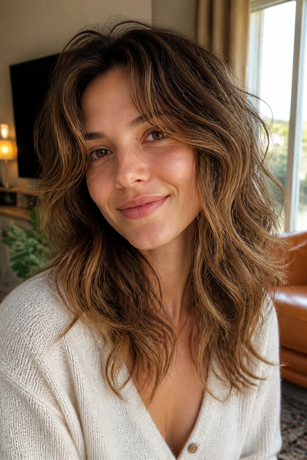 Real person with waves-led layered haircut showing movement