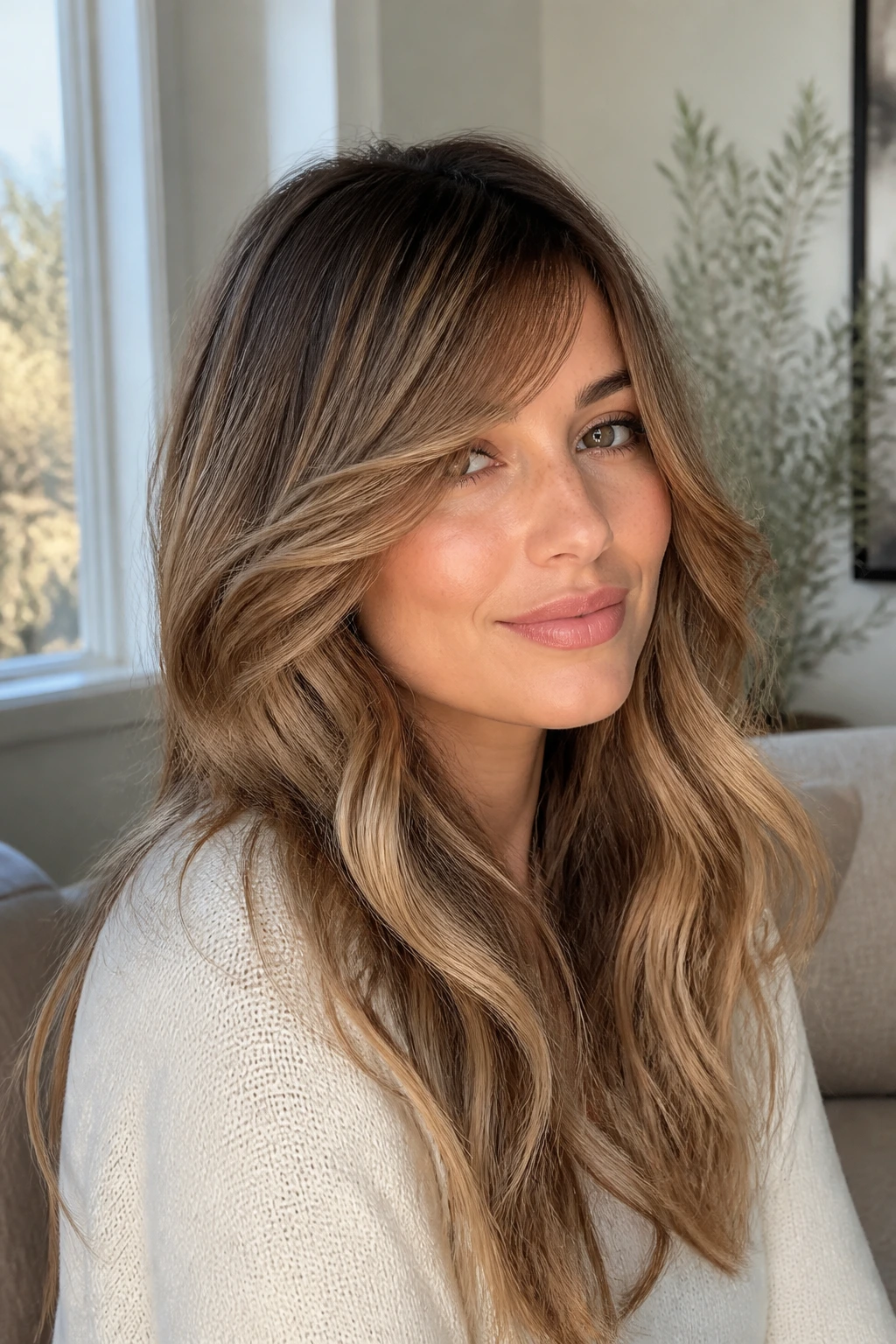 Close-up of a real woman with face-contouring waves and sweepy side fringe