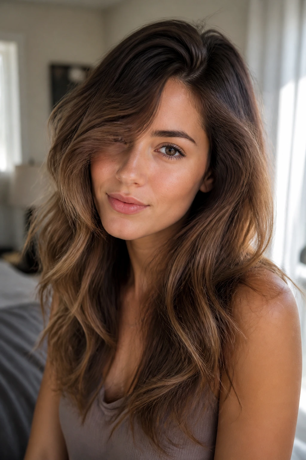 Real woman with brushed-out waves and deep side part.