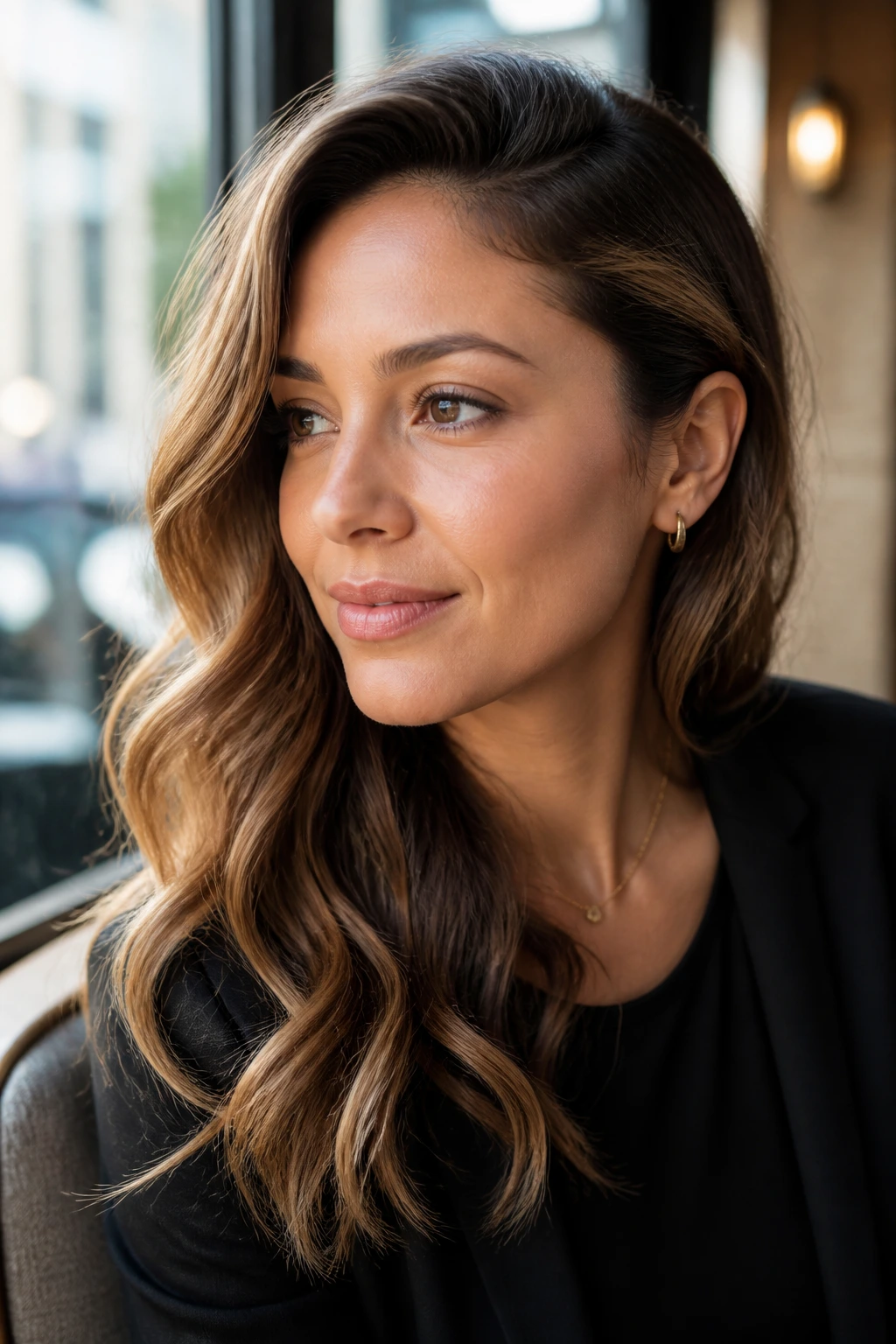 Portrait of a woman with tucked-behind-ear waves and caramel highlights