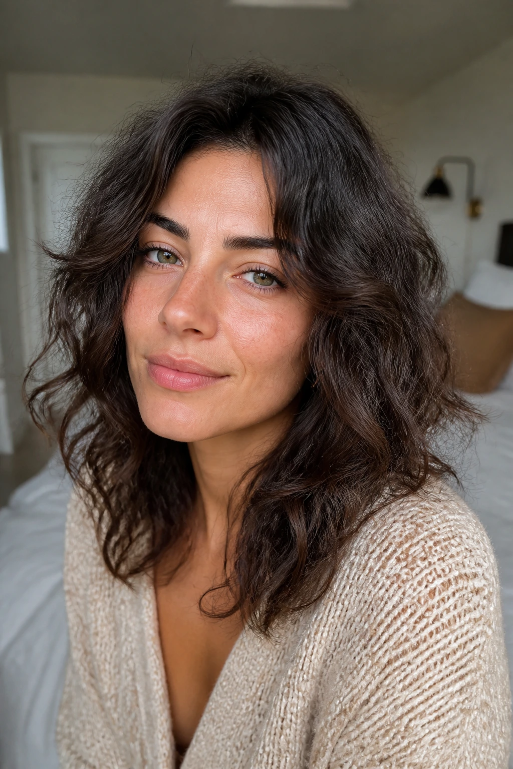 Close-up portrait of a woman with varied textured waves in a cozy bedroom