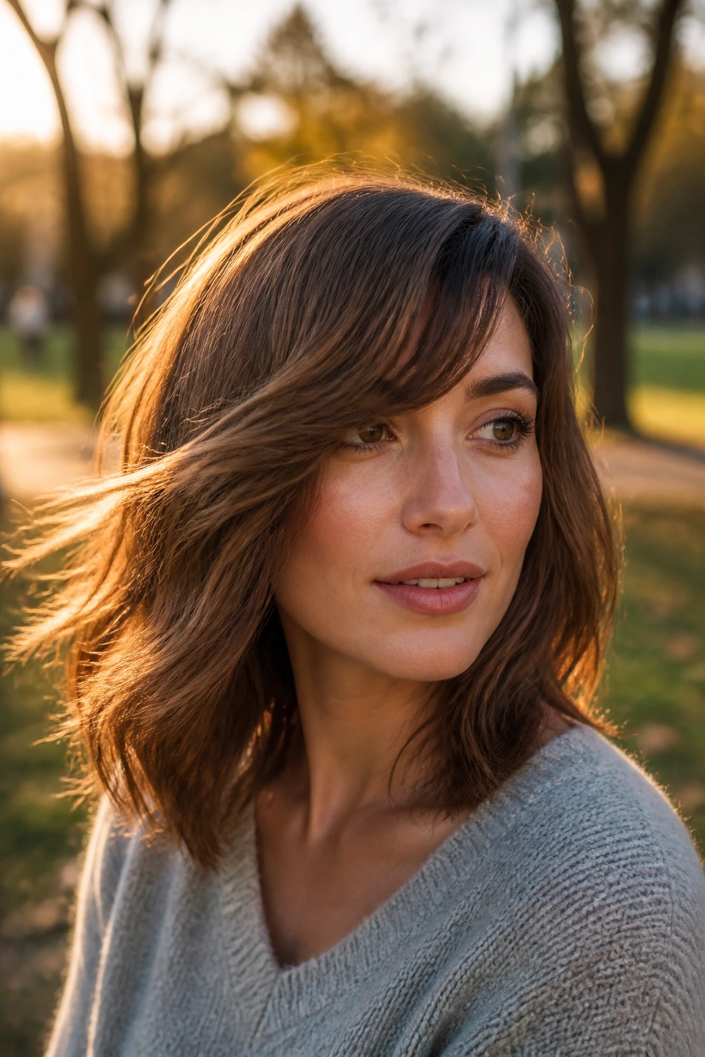 Real woman with wavy angled fringe in golden hour outdoor light