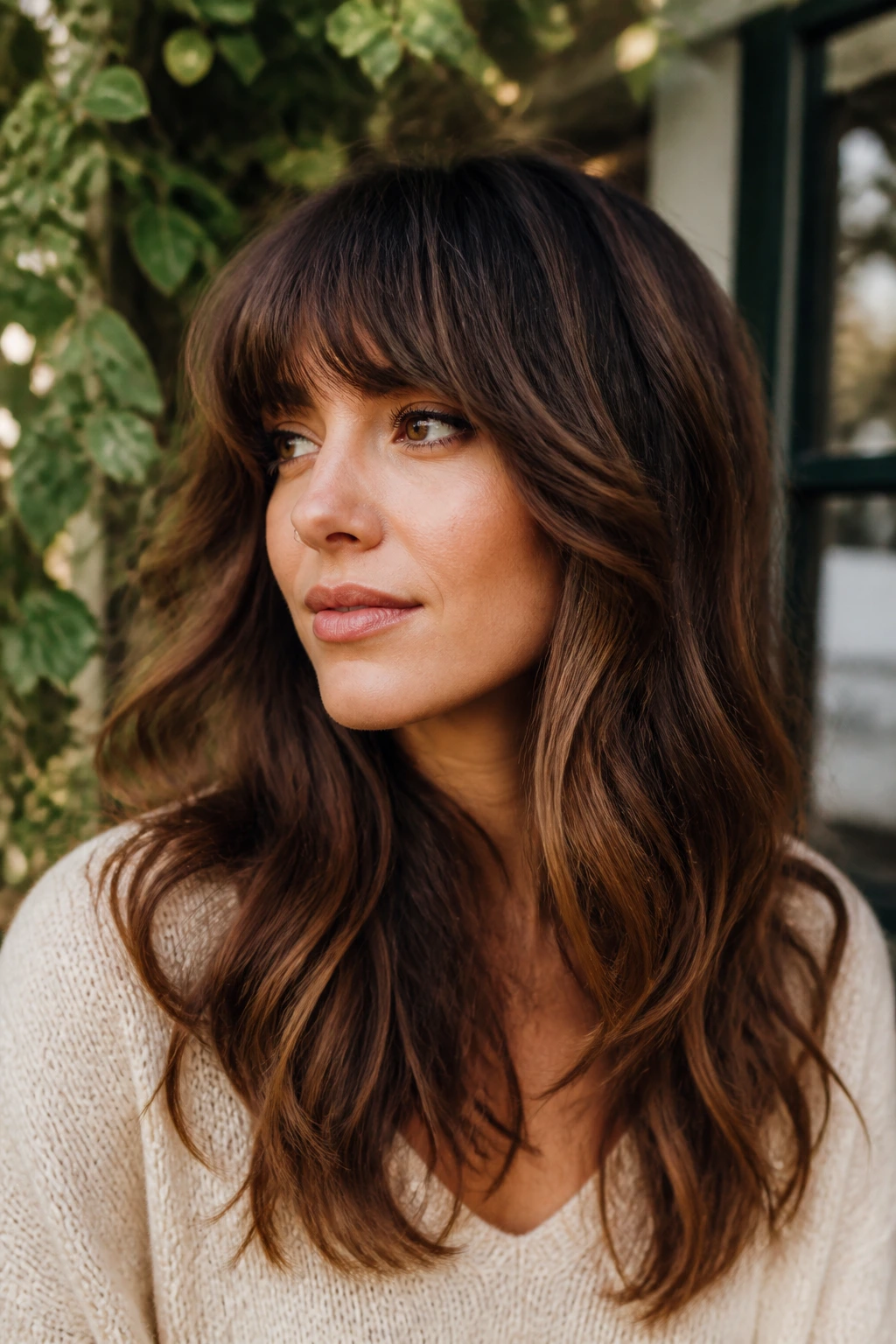Portrait of woman with wavy angled layers and arched bangs in natural light