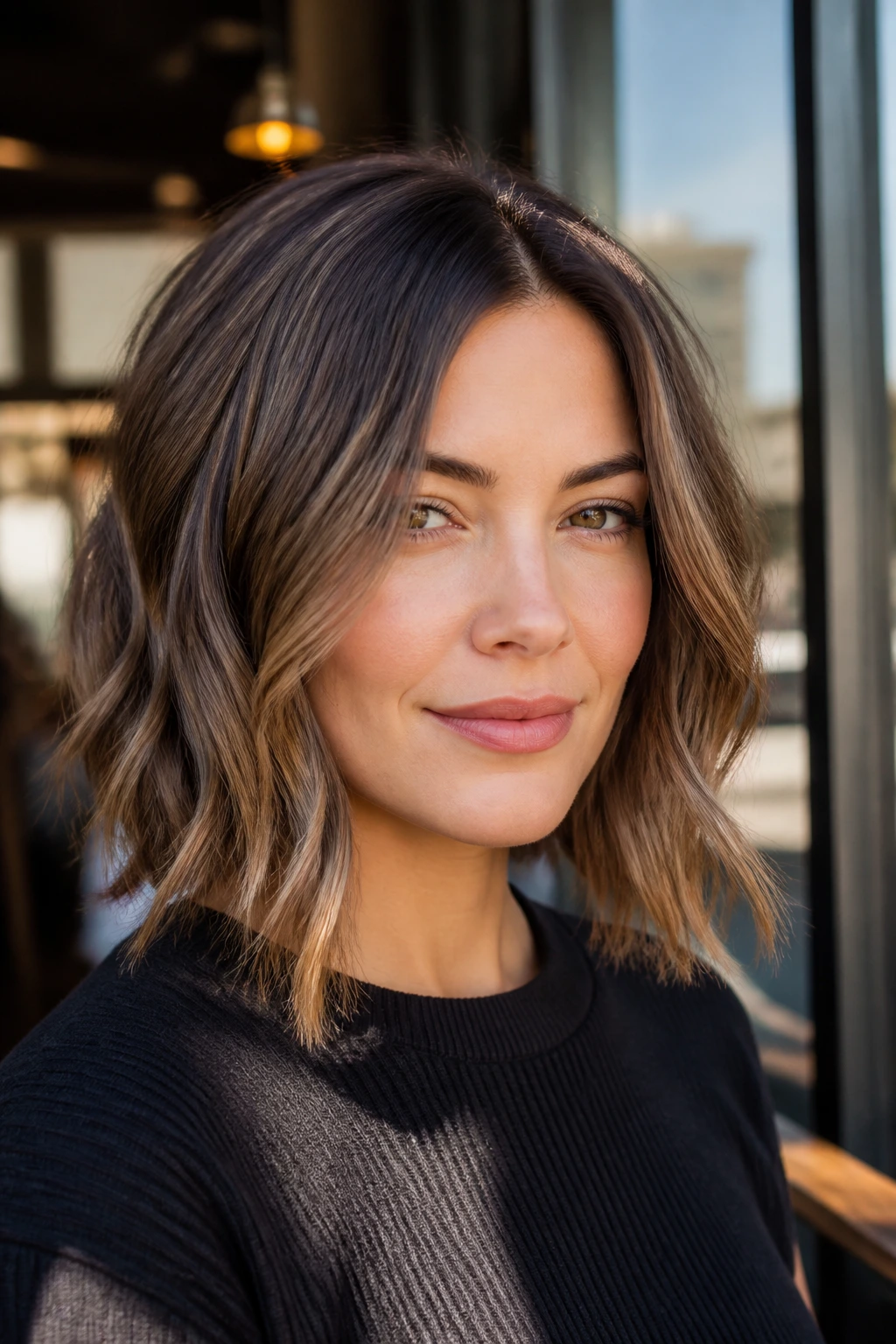 Close-up of a real woman with a wavy angled lob and gentle bends at the ends