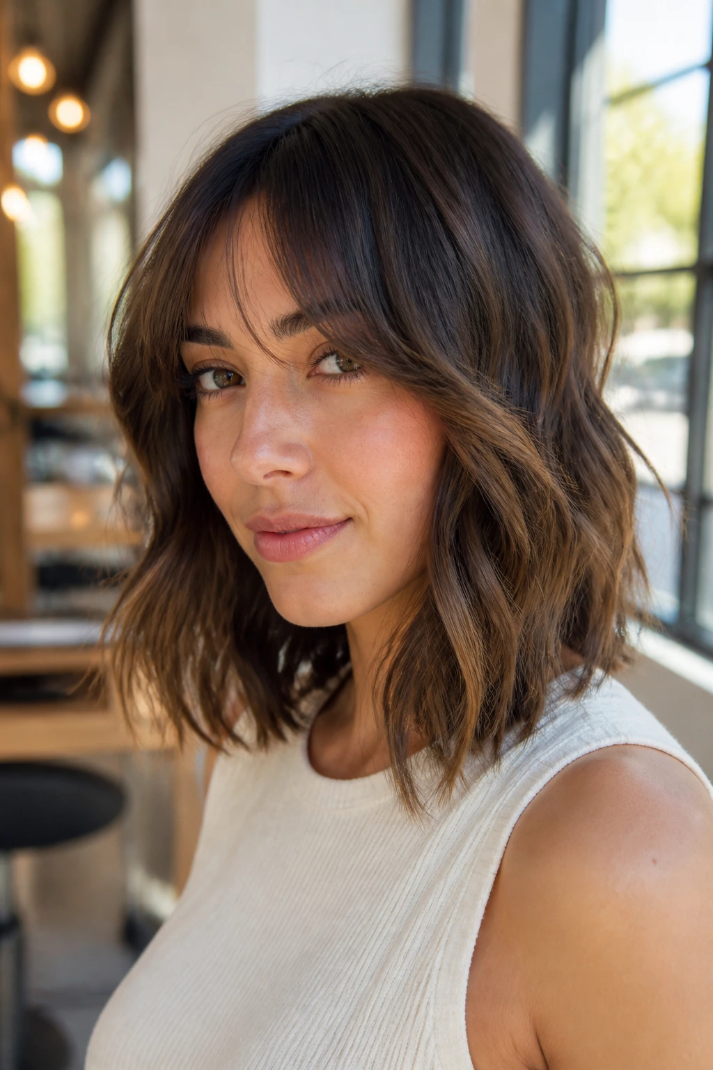 Portrait of a woman with wavy angled lob and grown-out bangs in natural light