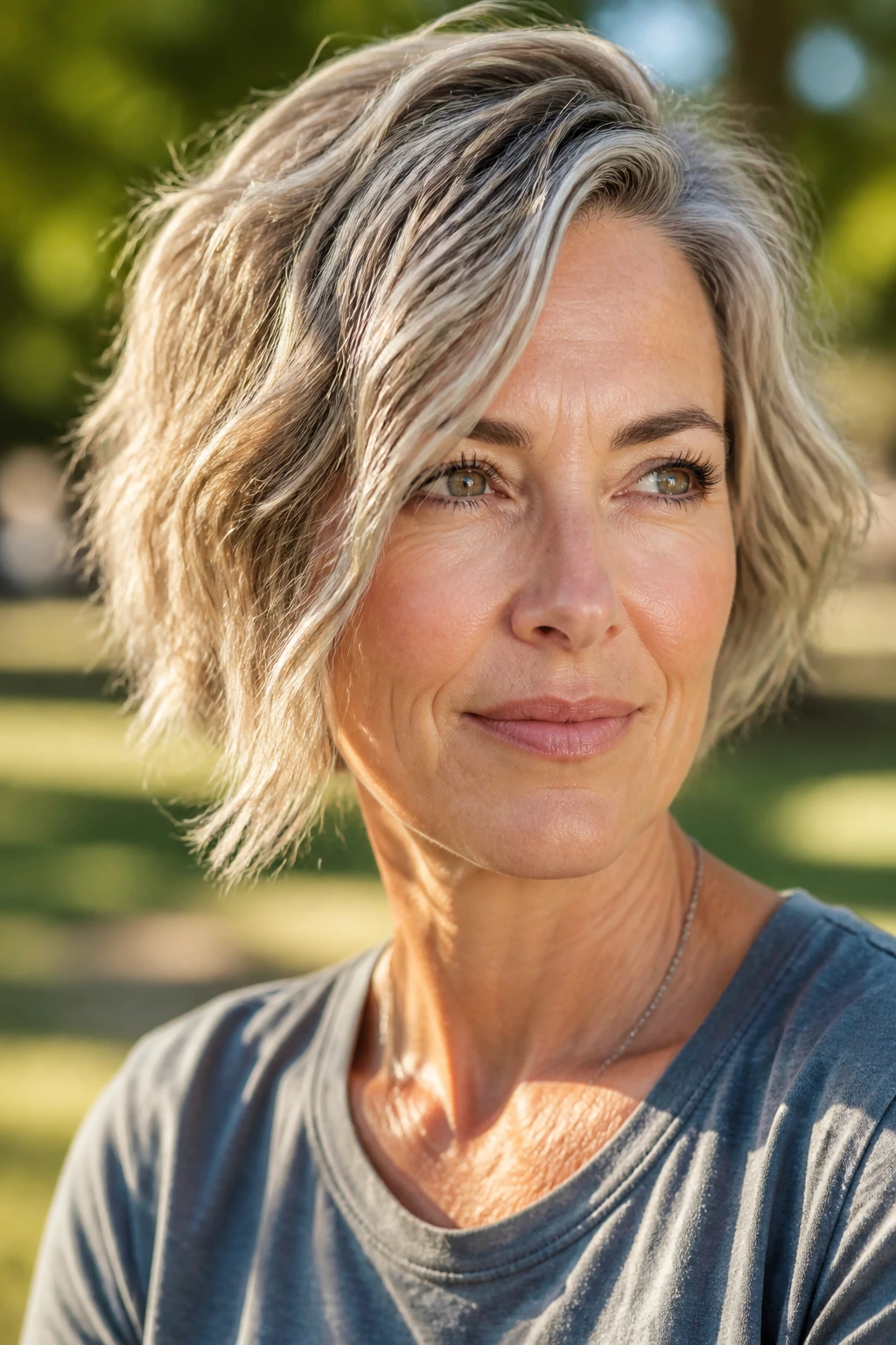Portrait of a real woman with a wavy asymmetrical bob and broken ends