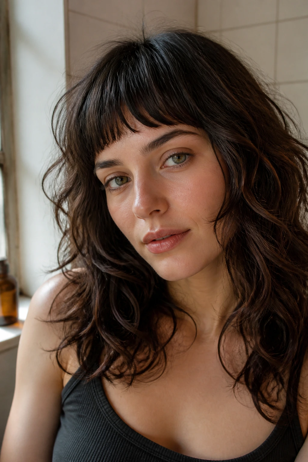 Close-up of a real woman with dry-cut wavy bangs above the brow