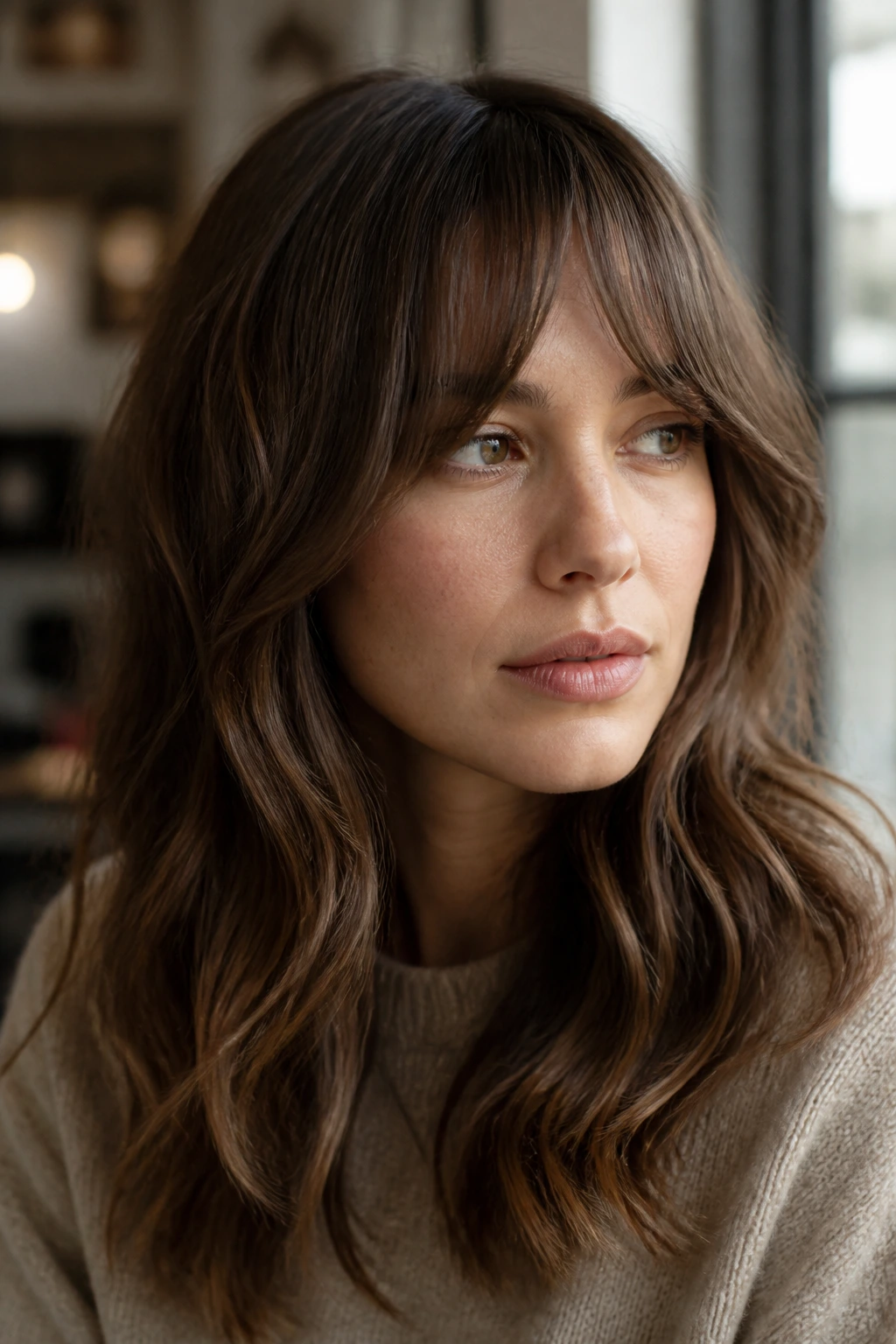 Real woman with long wavy bangs following natural wave pattern