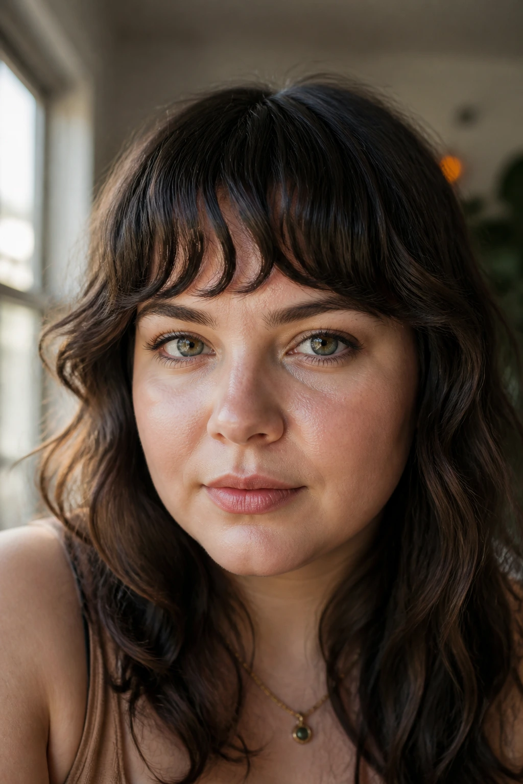 Portrait showing how wavy short bangs shape a round face
