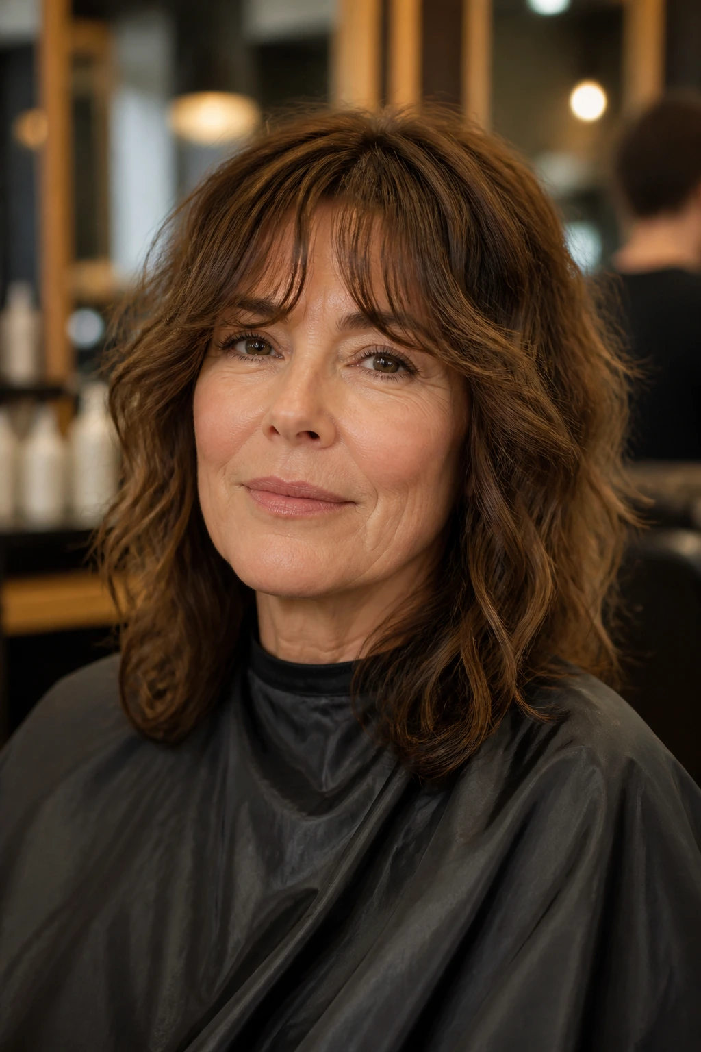 Close-up of a real woman with wavy bangs in a salon chair