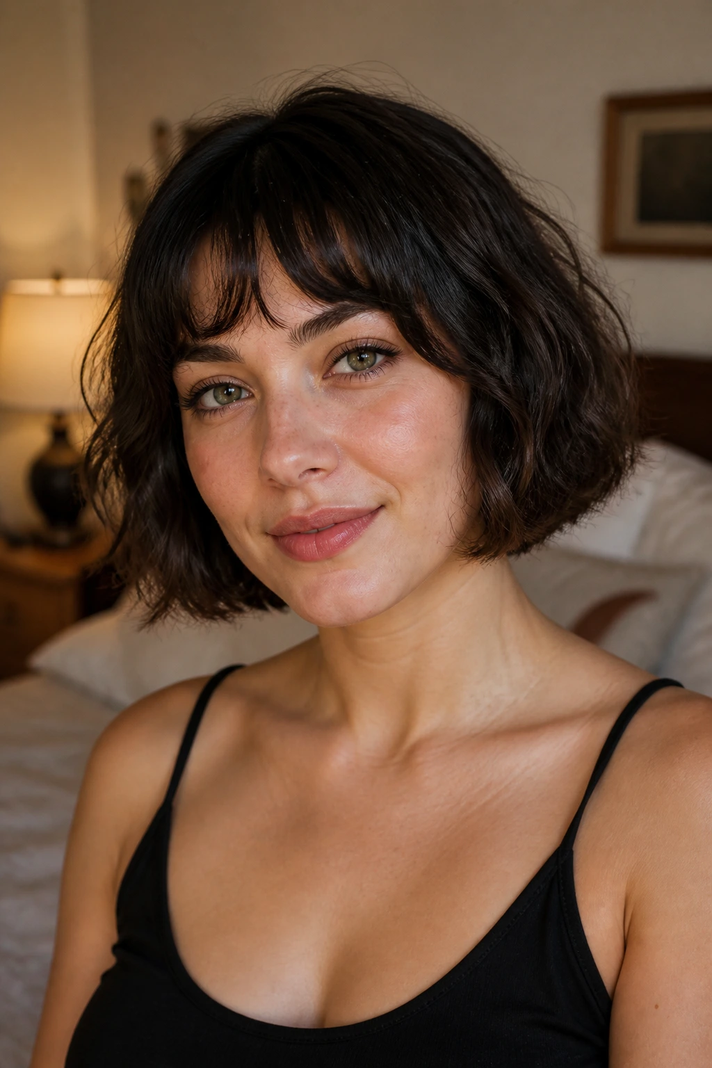 Close-up portrait of a real woman with a short bob and wavy bangs framing a round face in natural window light.
