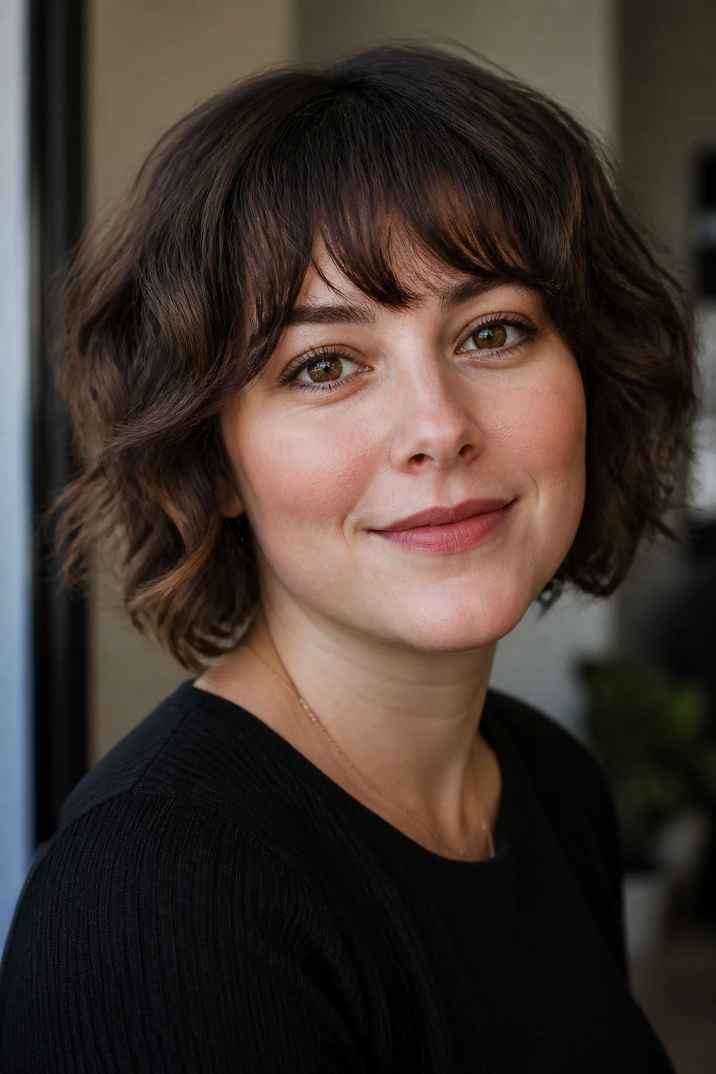 Portrait of a real woman with wavy bangs on a short haircut showing fringe around brows and cheeks.