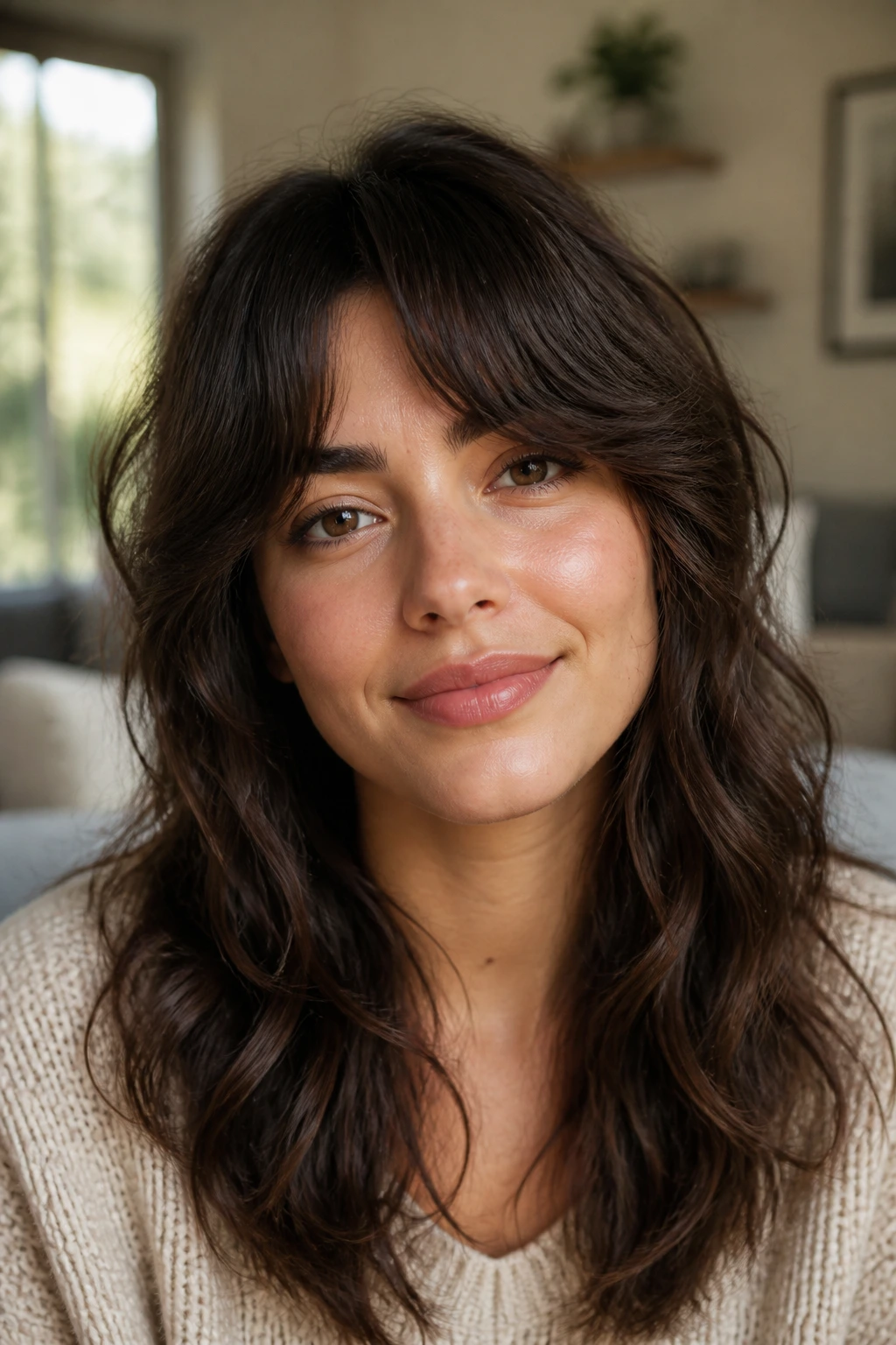 Close-up of a real woman with wavy shag bangs and a floating center in warm natural light