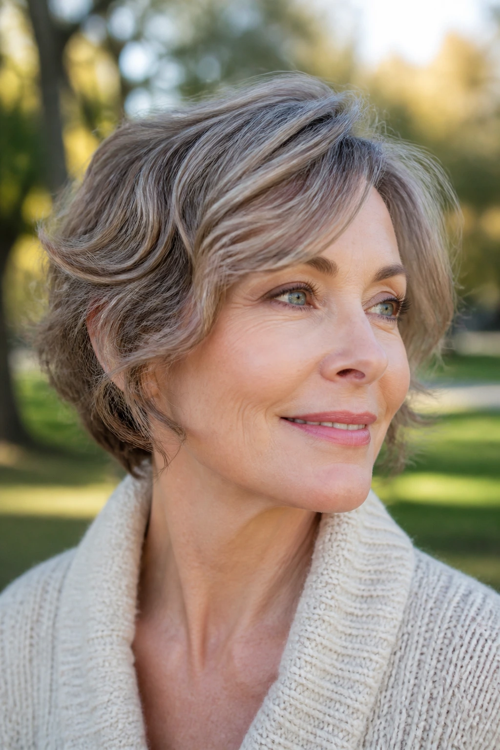 Close-up portrait of wavy bixie with chestnut lowlights