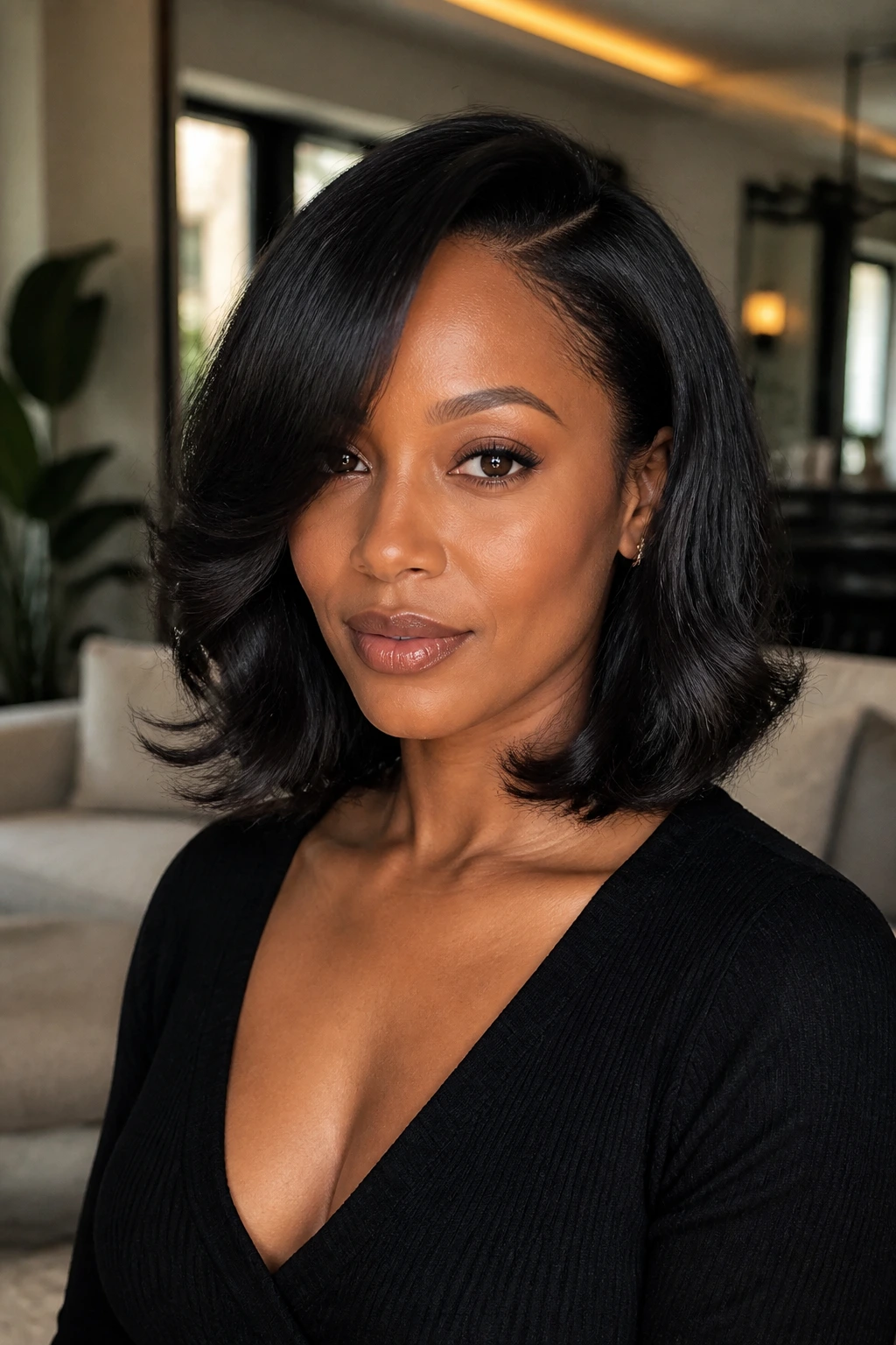 Portrait of a Black woman with a wavy blowout bob, smooth roots and soft bend.
