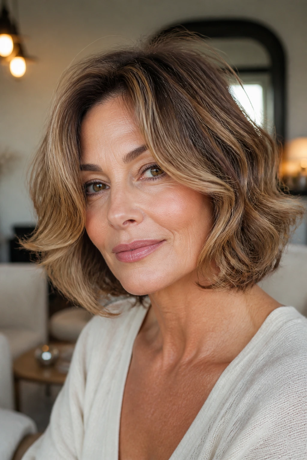 Portrait of a real woman with a wavy Italian bob and airy front layers