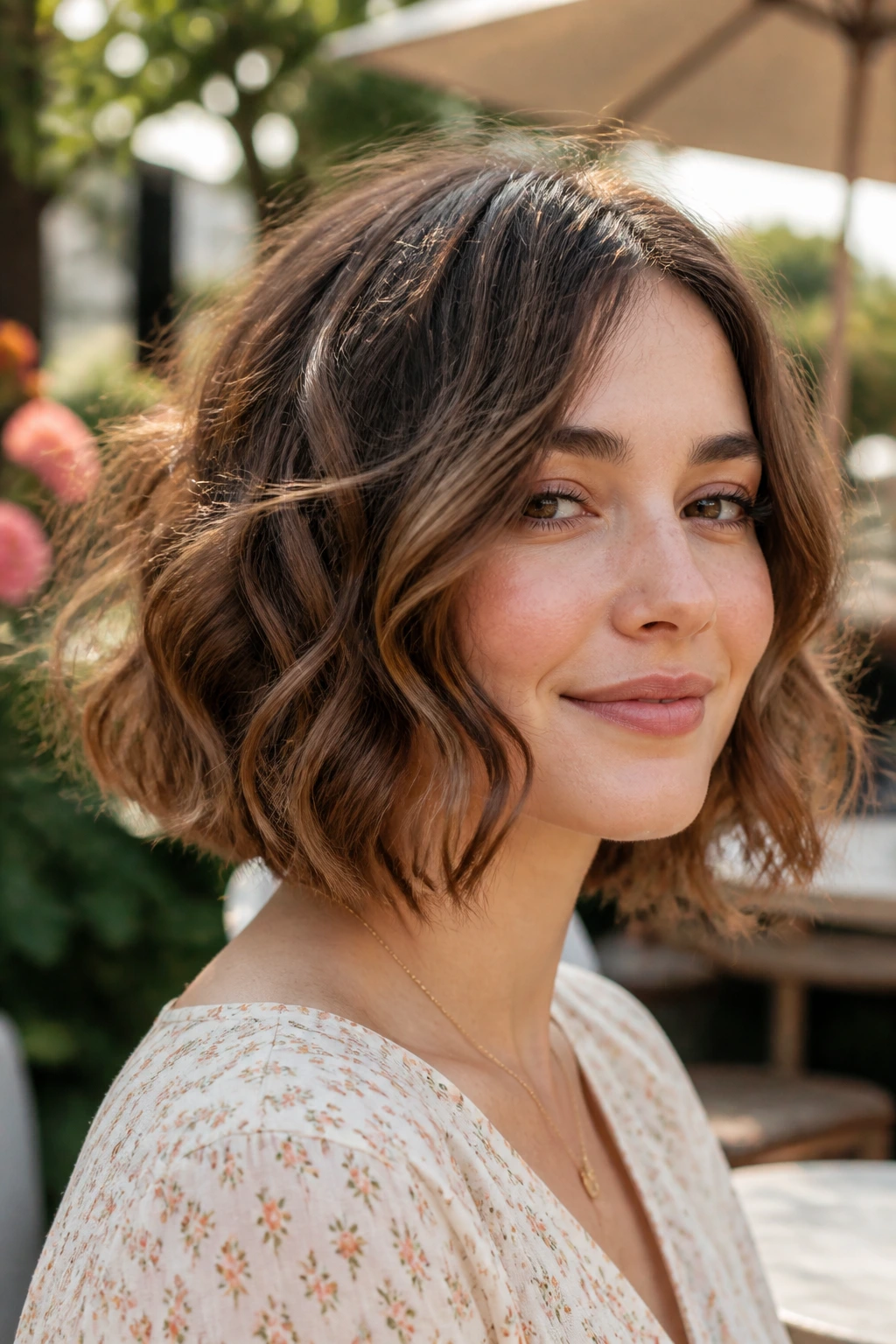 Close-up of a real woman with a wavy bob and airy ends